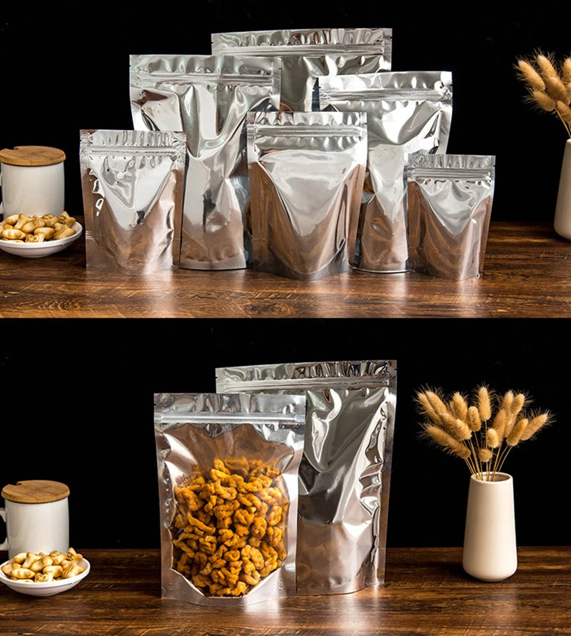 50Pcs Food Packaging Aluminum Foil Stand Up Bag Home Storage Tea Coffee