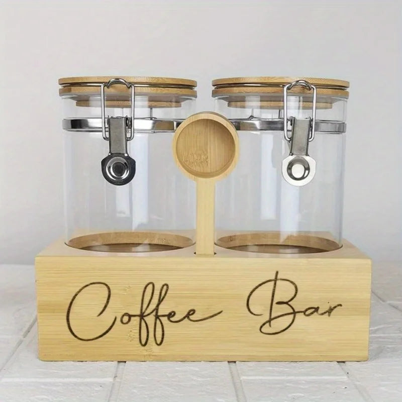 1Set Glass Coffee Canisters with Wood Shelf-Airtight Coffee Bean Storage