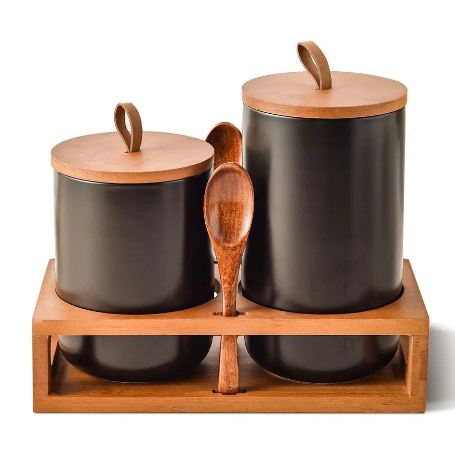Ceramic Canister Bamboo Lids, Wooden Stand amp Spoons Storage Jars