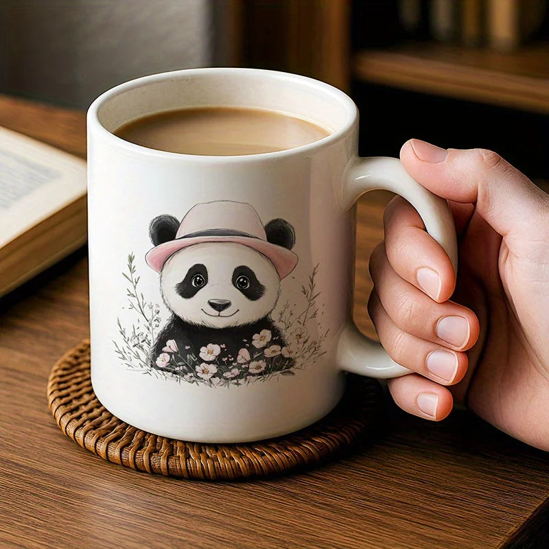 11oz Ceramic Coffee Mug with Cute Panda in Pink Hat & Watercolor Flowers