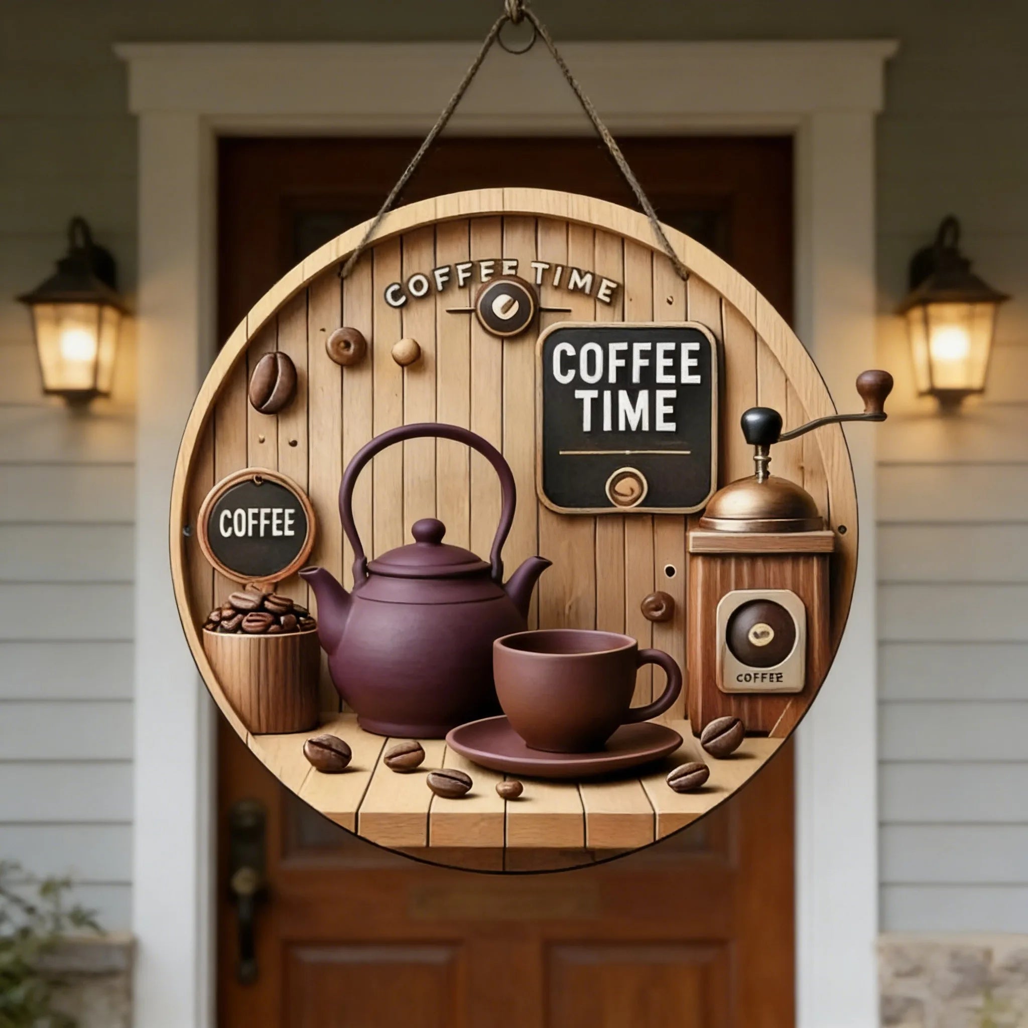 Vintage Coffee Time Round Wooden Hanging Sign, Rustic Coffee Bar