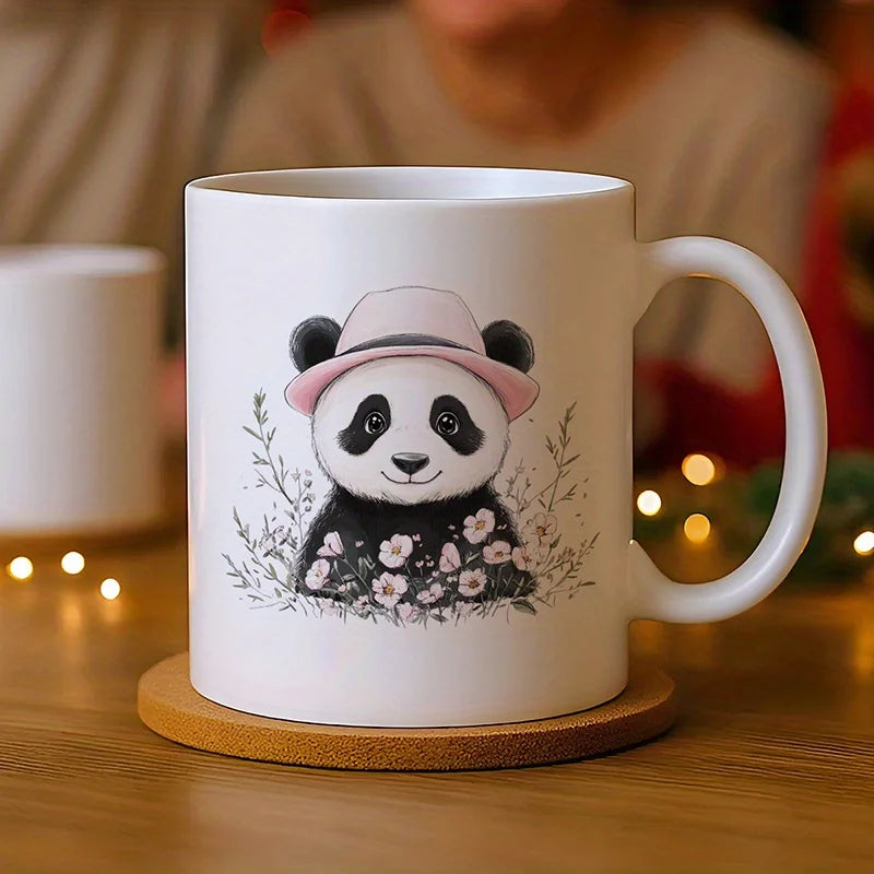 11oz Ceramic Coffee Mug with Cute Panda in Pink Hat & Watercolor Flowers