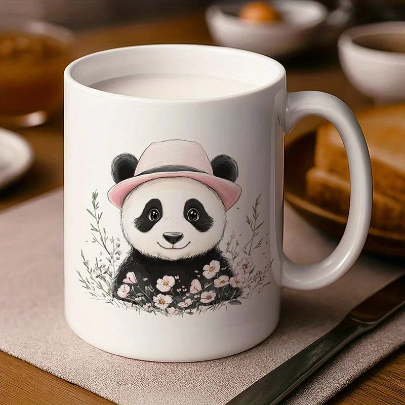 11oz Ceramic Coffee Mug with Cute Panda in Pink Hat & Watercolor Flowers