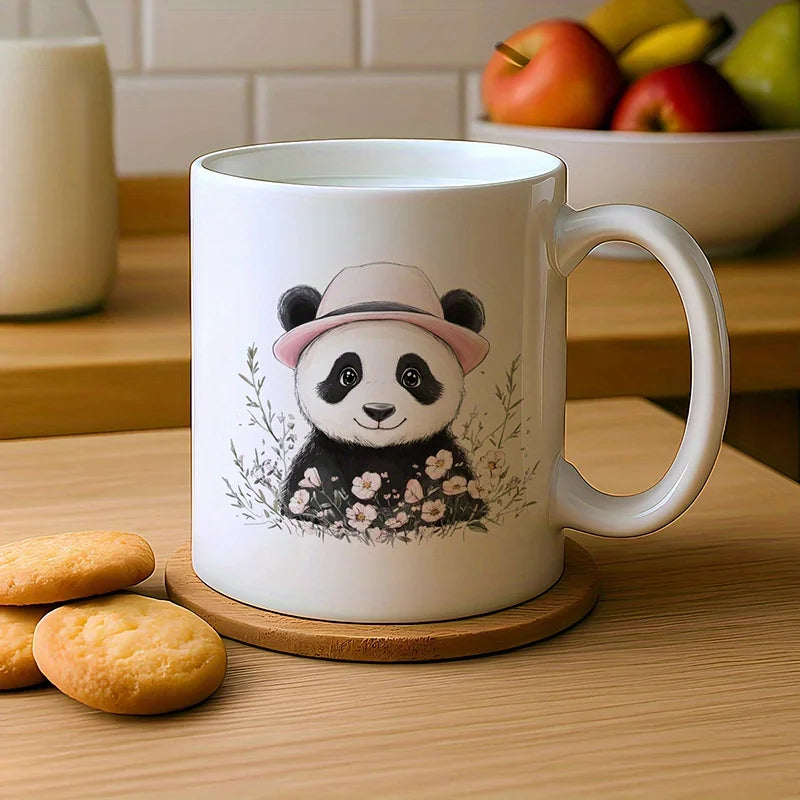 11oz Ceramic Coffee Mug with Cute Panda in Pink Hat & Watercolor Flowers