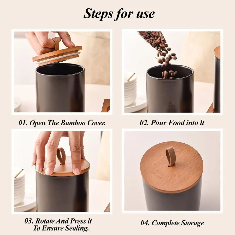 Ceramic Canister Bamboo Lids, Wooden Stand amp Spoons Storage Jars