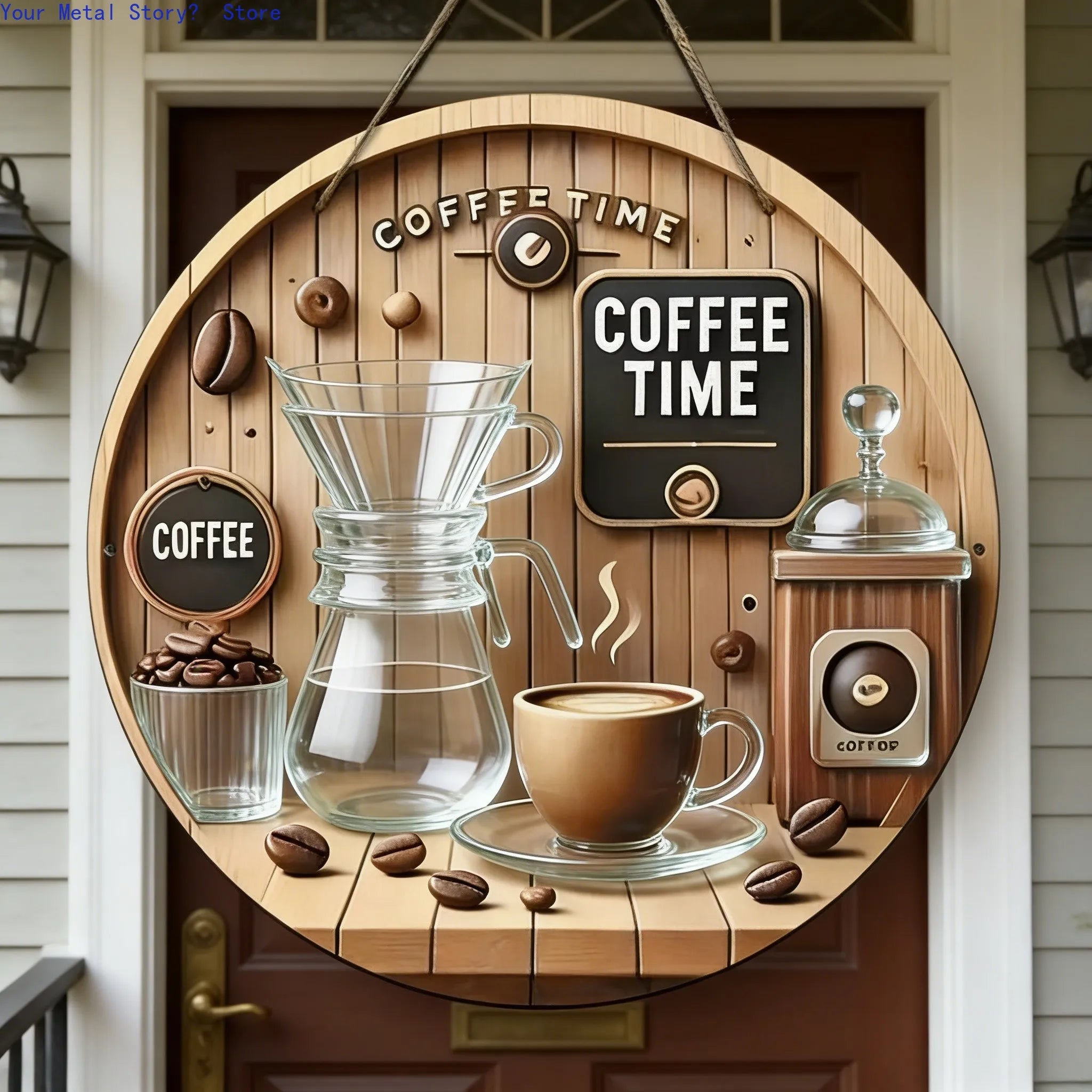 Vintage Coffee Time Round Wooden Hanging Sign, Rustic Coffee Bar