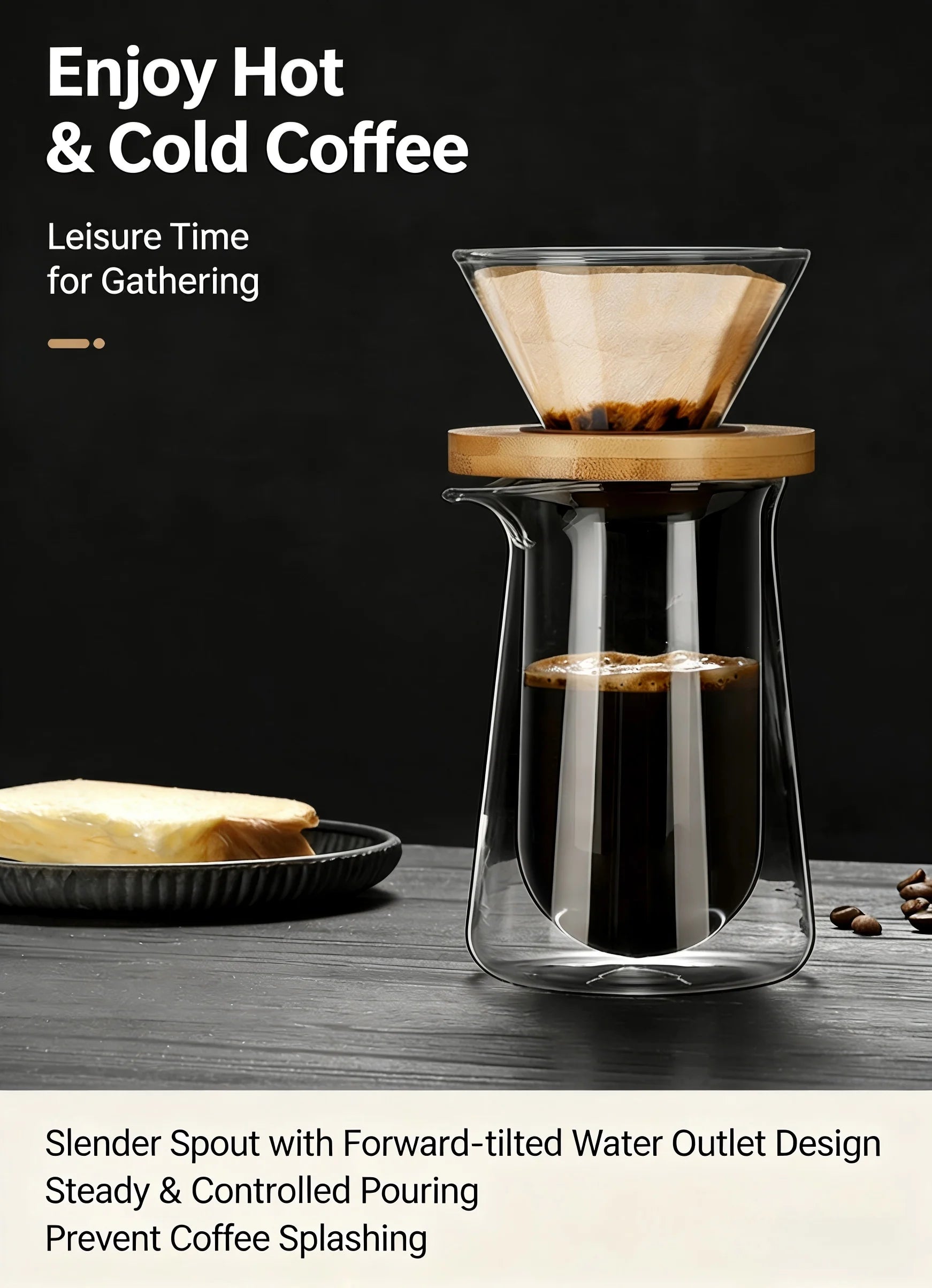 Double Wall Glass Coffee Server, 450ml High Borosilicate Pour Over Coffee Carafe