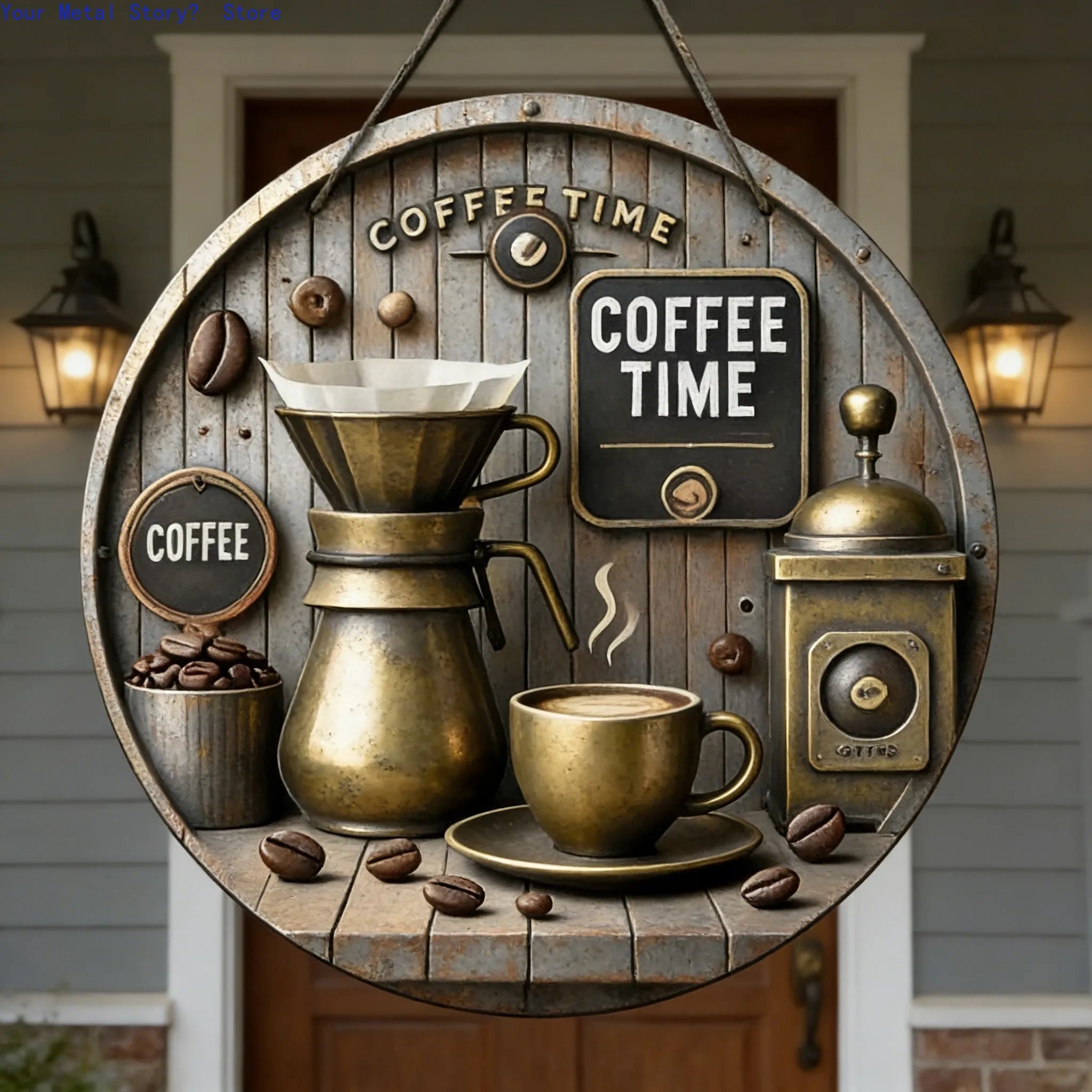 Vintage Coffee Time Round Wooden Hanging Sign, Rustic Coffee Bar