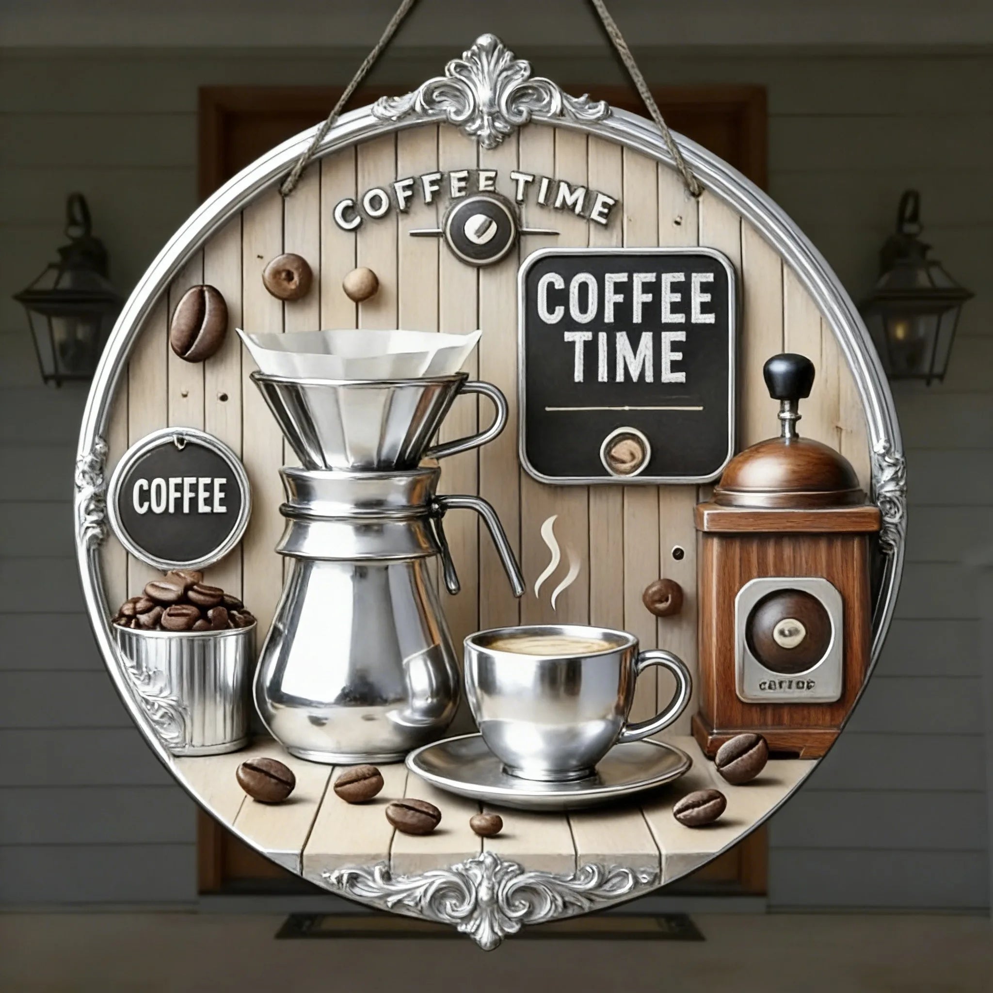 Vintage Coffee Time Round Wooden Hanging Sign, Rustic Coffee Bar