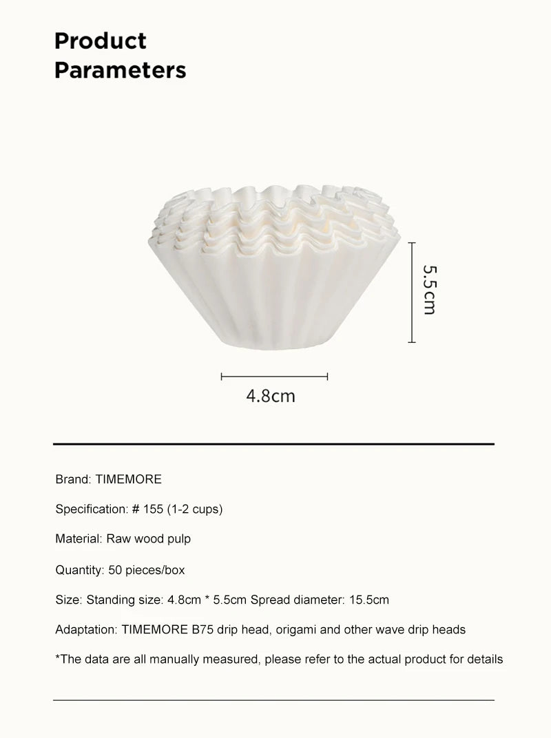TIMEMORE 1-2Cups Basket Coffee Paper Filter Pour Over Filter Papers 50 Sheets