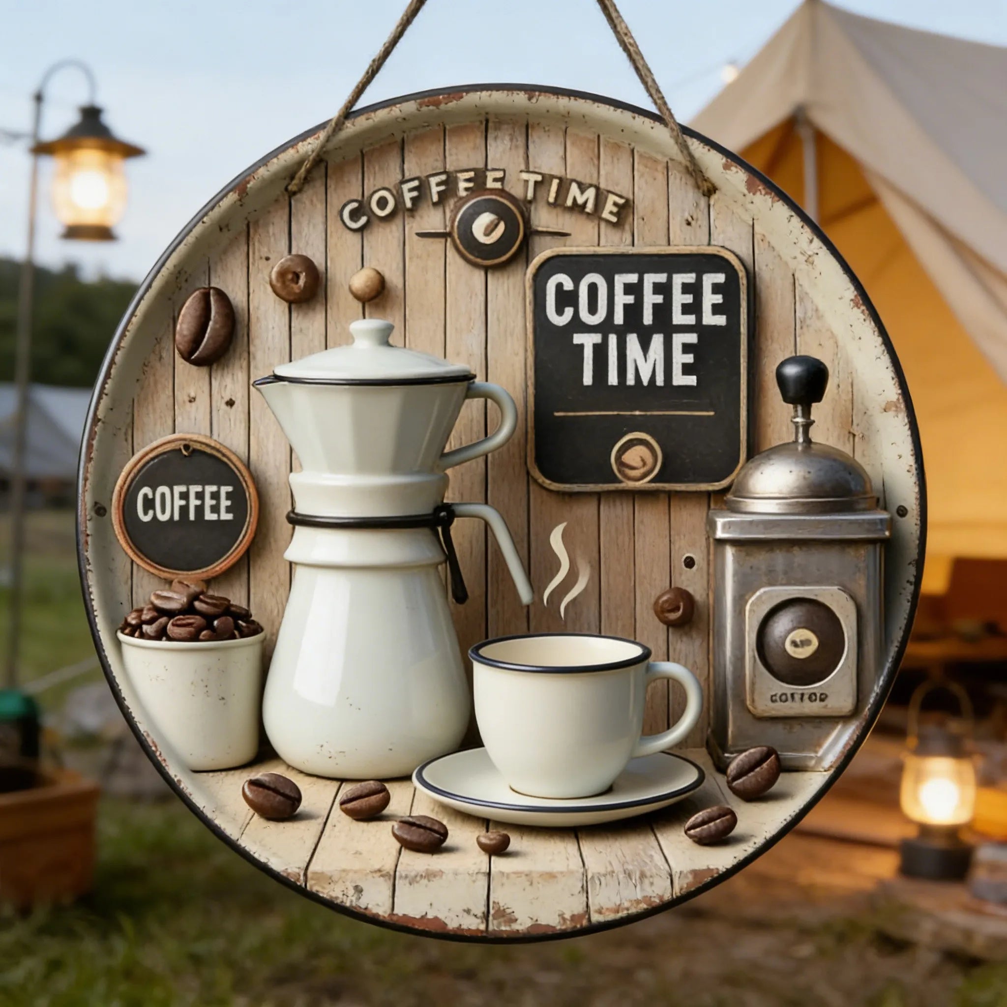 Vintage Coffee Time Round Wooden Hanging Sign, Rustic Coffee Bar