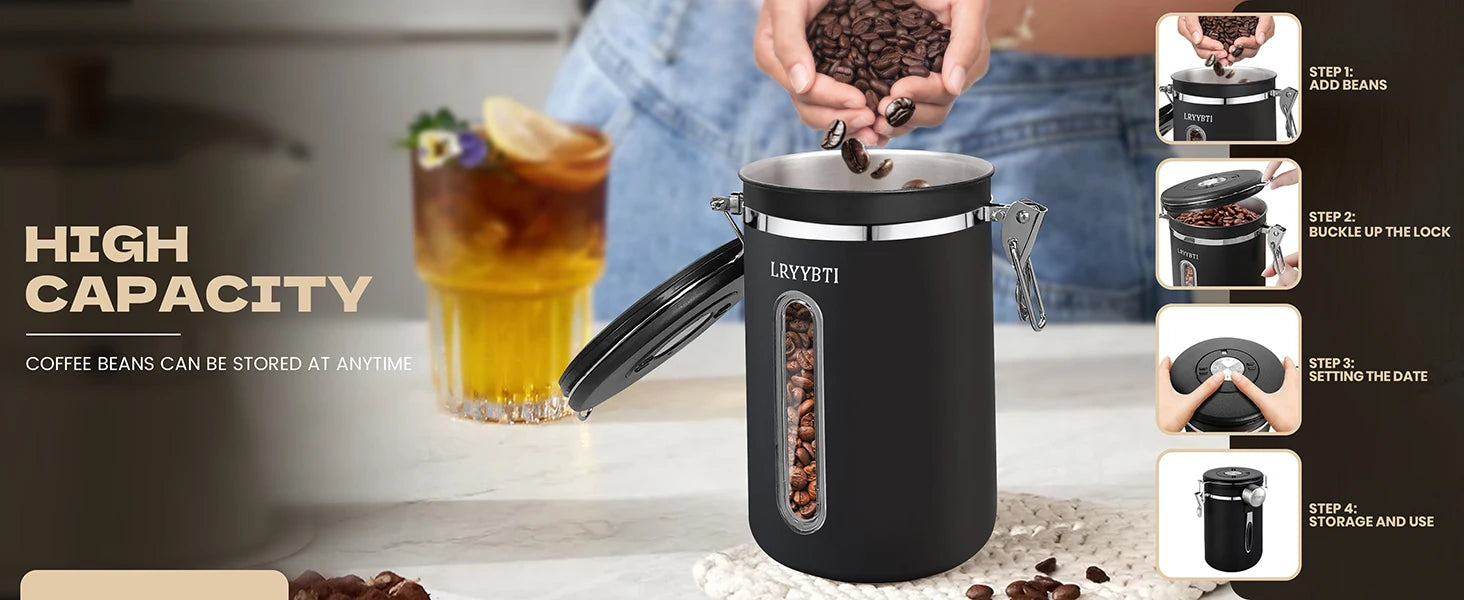 Coffee Canisters with Window Scoop and Airtight Lid Stainless Steel Kitchen Bean
