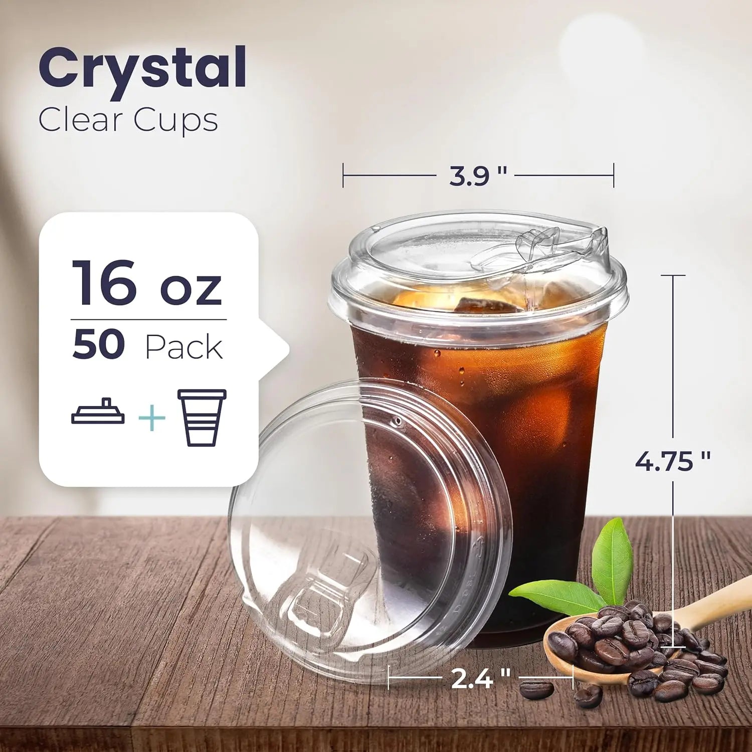 Clear Plastic Cup with Lids 50 Set Disposable Cups for Iced Coffee