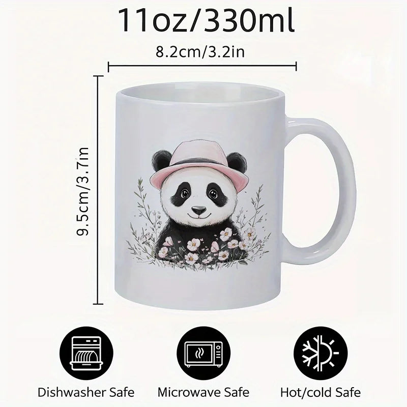 11oz Ceramic Coffee Mug with Cute Panda in Pink Hat & Watercolor Flowers