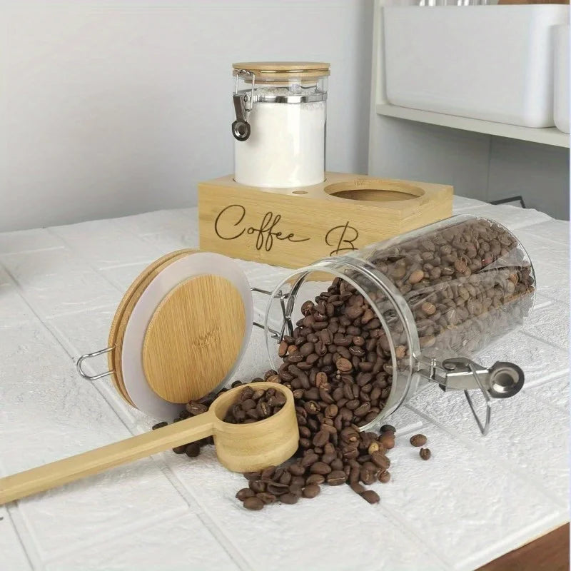 1Set Glass Coffee Canisters with Wood Shelf-Airtight Coffee Bean Storage