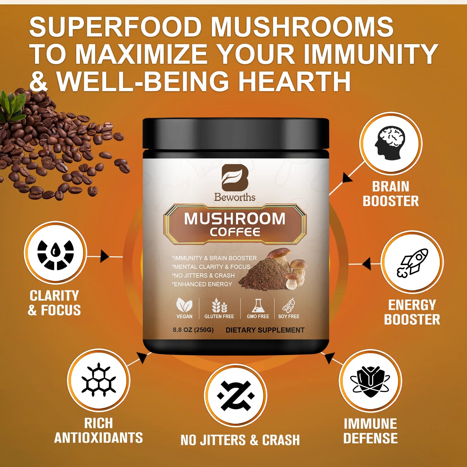 Mushroom Coffee 10 Mushroom Extract - Lion's Mane, Maitake for energy support