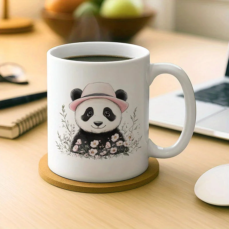11oz Ceramic Coffee Mug with Cute Panda in Pink Hat & Watercolor Flowers