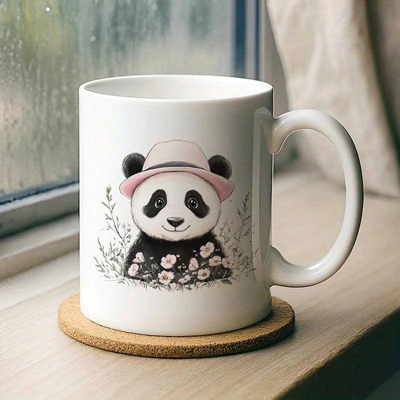 11oz Ceramic Coffee Mug with Cute Panda in Pink Hat & Watercolor Flowers