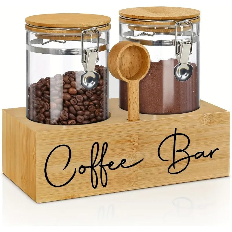 1Set Glass Coffee Canisters with Wood Shelf-Airtight Coffee Bean Storage
