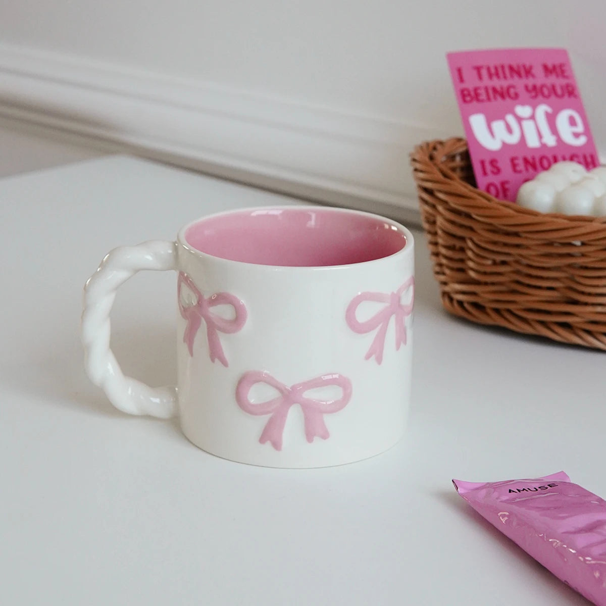 Pink Ceramic Mug with Bowknot, Suitable for Home Decor Drinkware, Drinking Cup