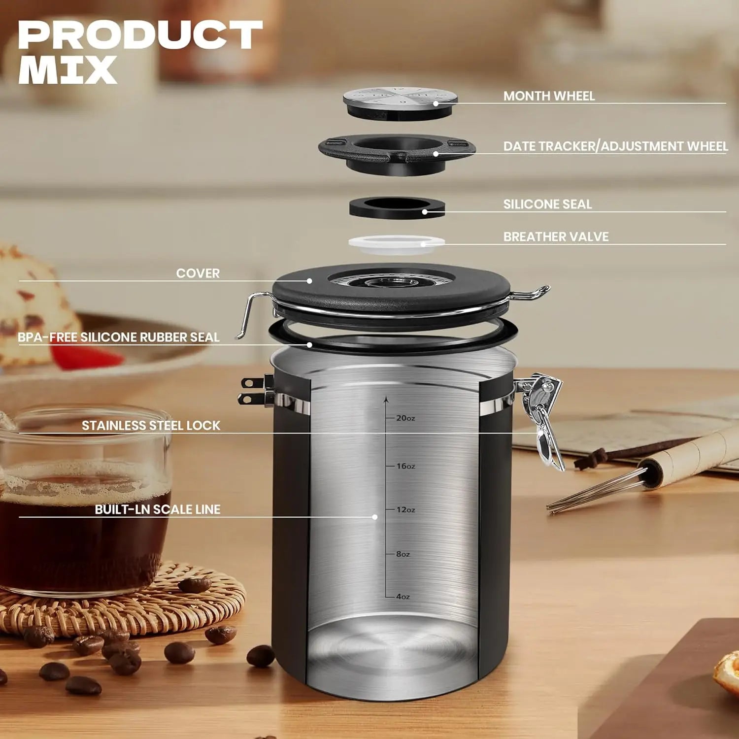 Coffee Canisters with Window Scoop and Airtight Lid Stainless Steel Kitchen Bean