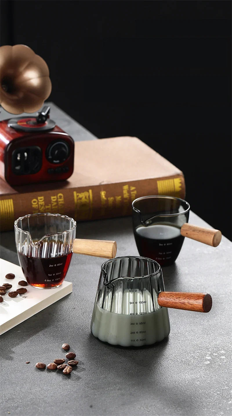 Espresso Measuring Cup with Wood Handle Vertical Grain Glass Coffee