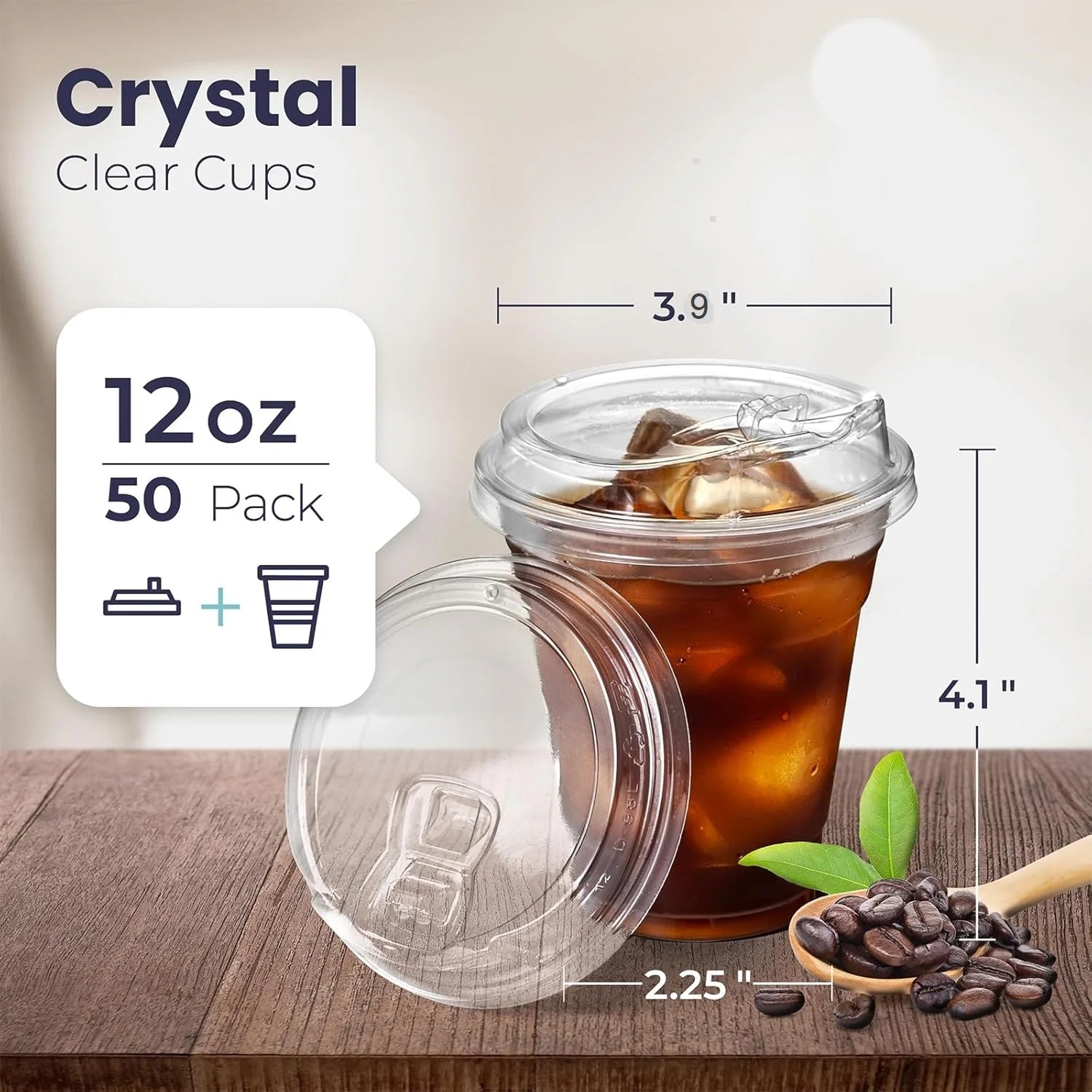 Clear Plastic Cup with Lids 50 Set Disposable Cups for Iced Coffee