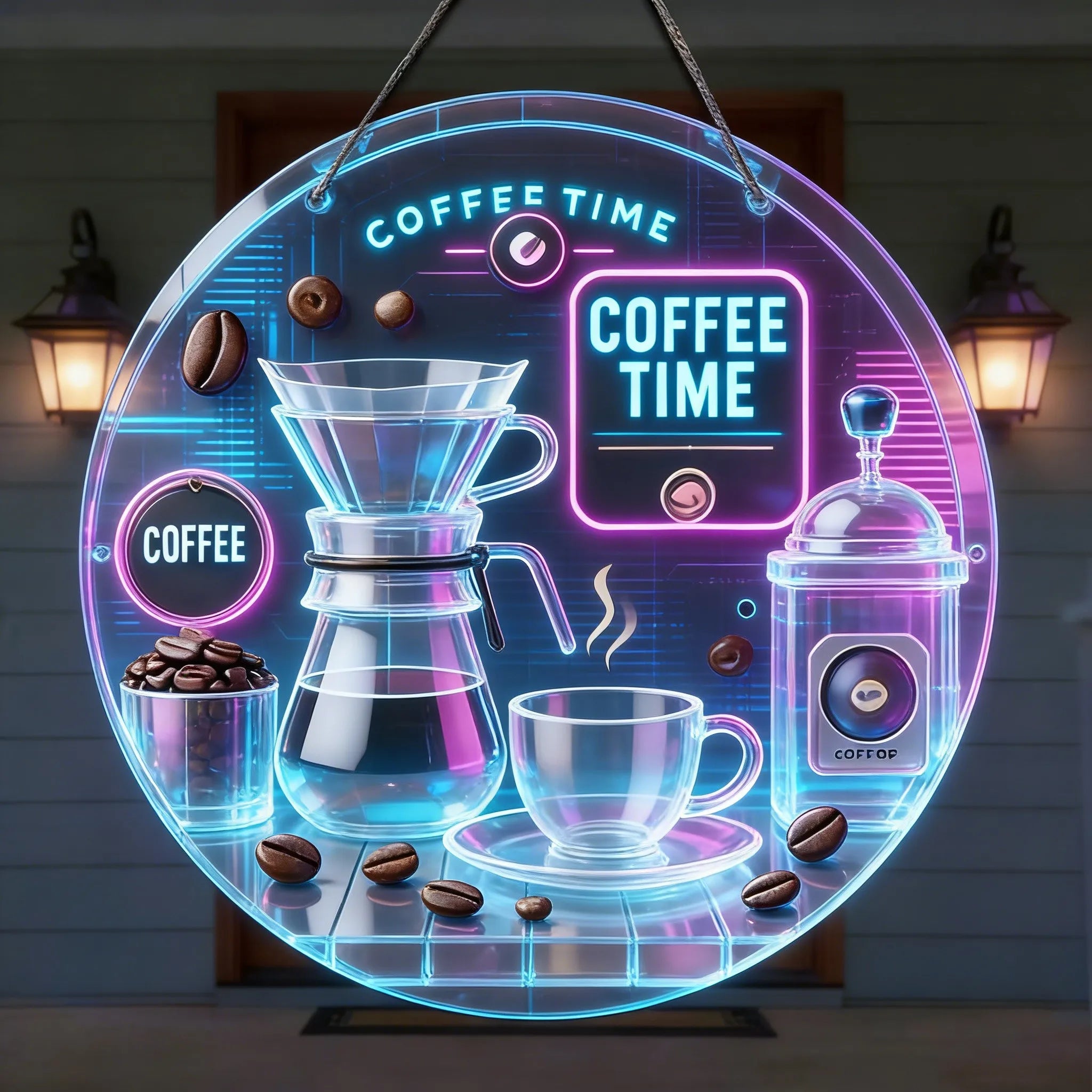 Vintage Coffee Time Round Wooden Hanging Sign, Rustic Coffee Bar