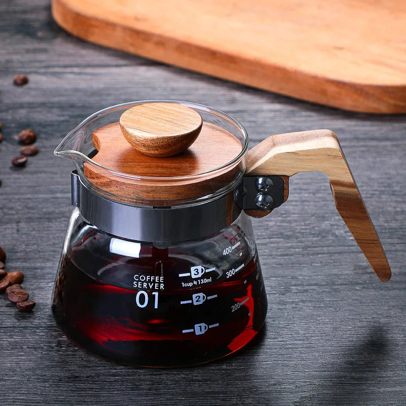 Glass Pouring Cup Coffee Server with Wooden Handle Coffee Sharing Pot