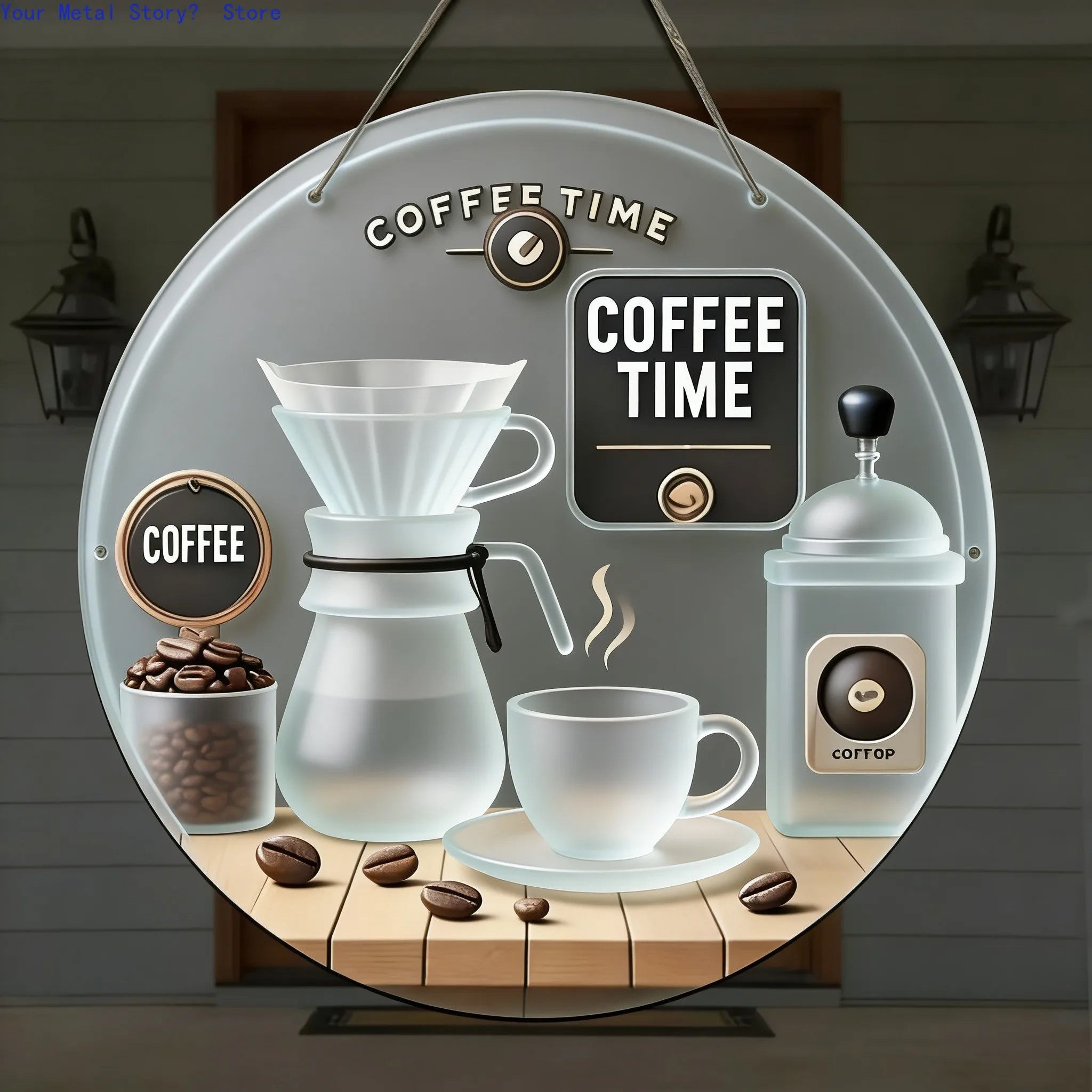 Vintage Coffee Time Round Wooden Hanging Sign, Rustic Coffee Bar