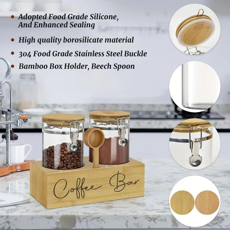 1Set Glass Coffee Canisters with Wood Shelf-Airtight Coffee Bean Storage
