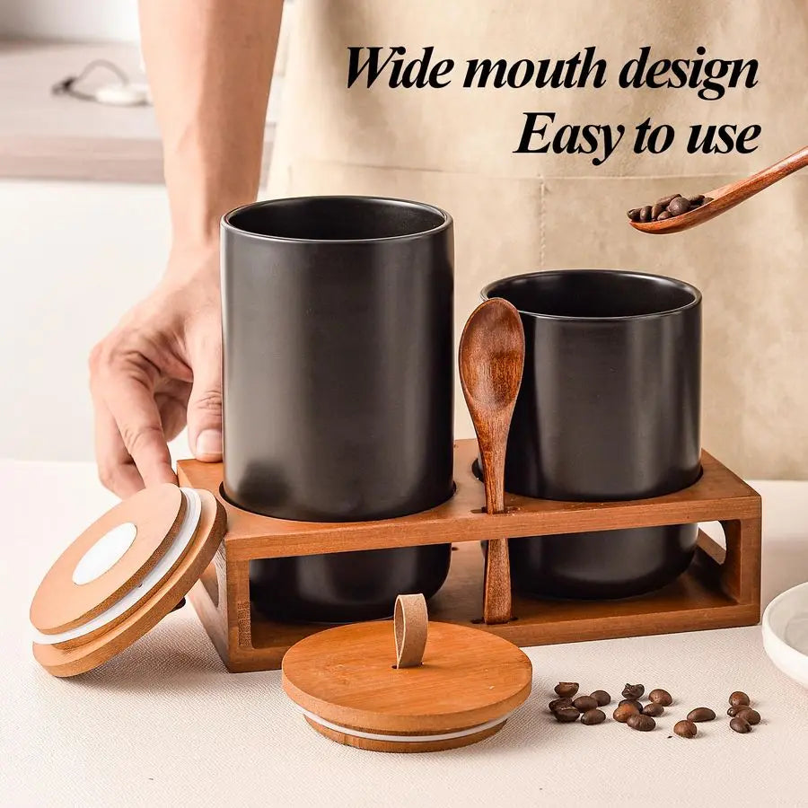 Ceramic Canister Bamboo Lids, Wooden Stand amp Spoons Storage Jars