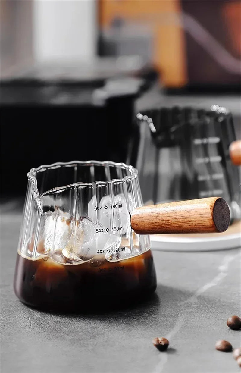Espresso Measuring Cup with Wood Handle Vertical Grain Glass Coffee