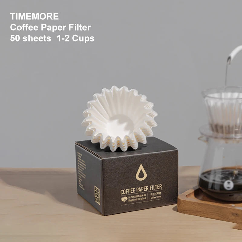 TIMEMORE 1-2Cups Basket Coffee Paper Filter Pour Over Filter Papers 50 Sheets