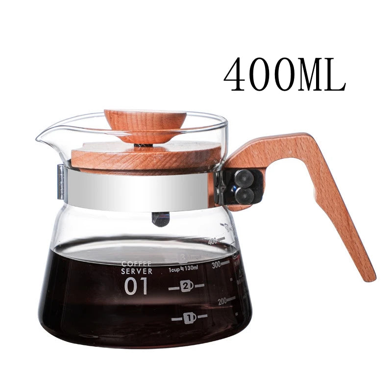 Glass Pouring Cup Coffee Server with Wooden Handle Coffee Sharing Pot