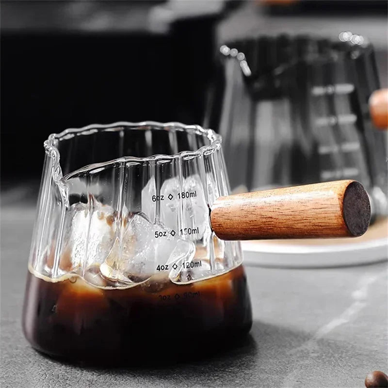 Espresso Measuring Cup with Wood Handle Vertical Grain Glass Coffee