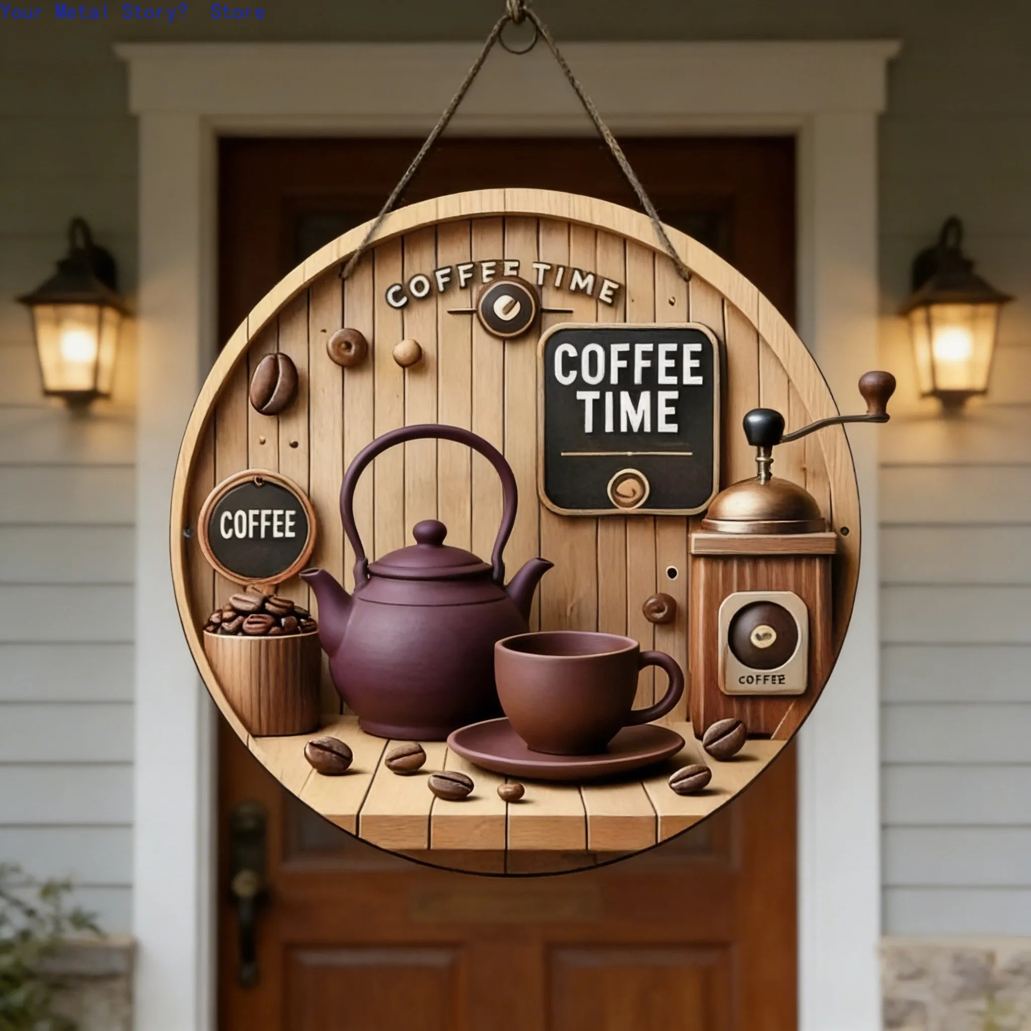 Vintage Coffee Time Round Wooden Hanging Sign, Rustic Coffee Bar