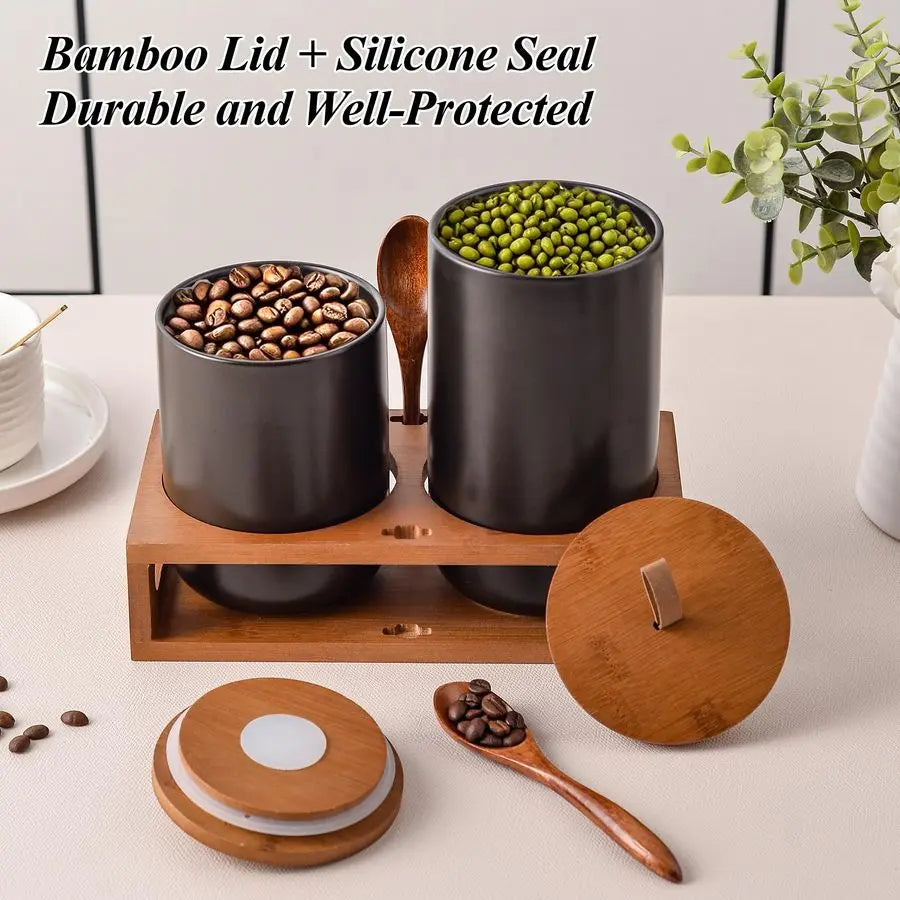 Ceramic Canister Bamboo Lids, Wooden Stand amp Spoons Storage Jars