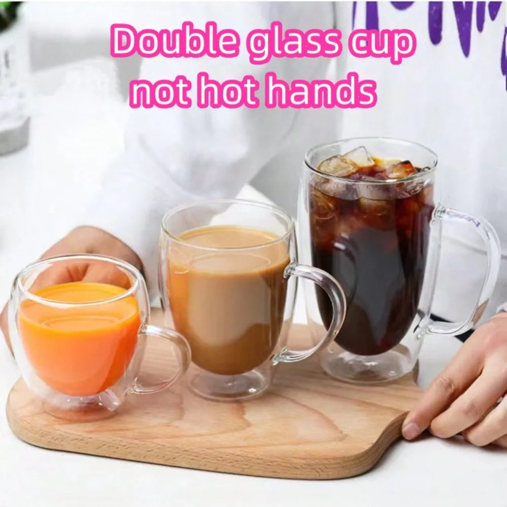 1PC Double Walled Glass Cups Handles Transparent Espresso Coffee Cups