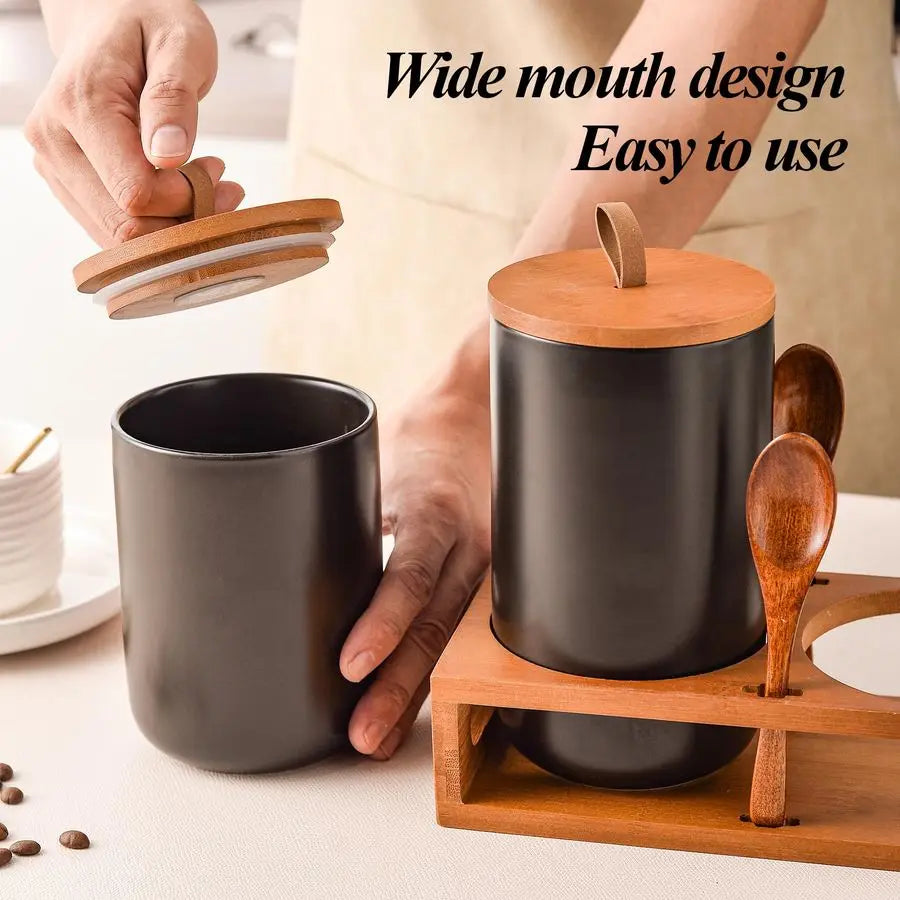 Ceramic Canister Bamboo Lids, Wooden Stand amp Spoons Storage Jars