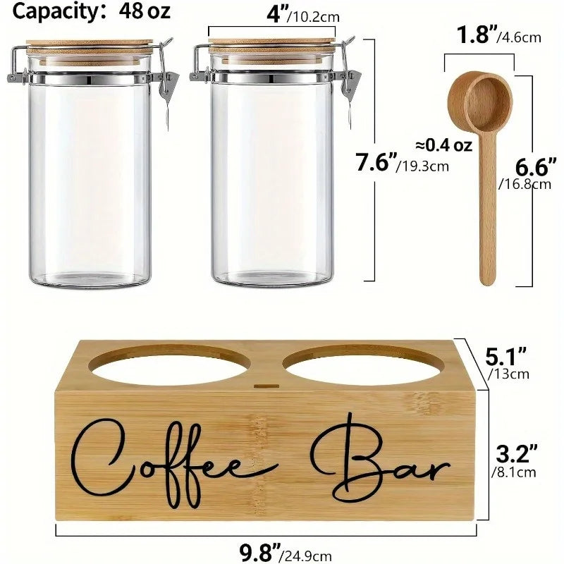 1Set Glass Coffee Canisters with Wood Shelf-Airtight Coffee Bean Storage
