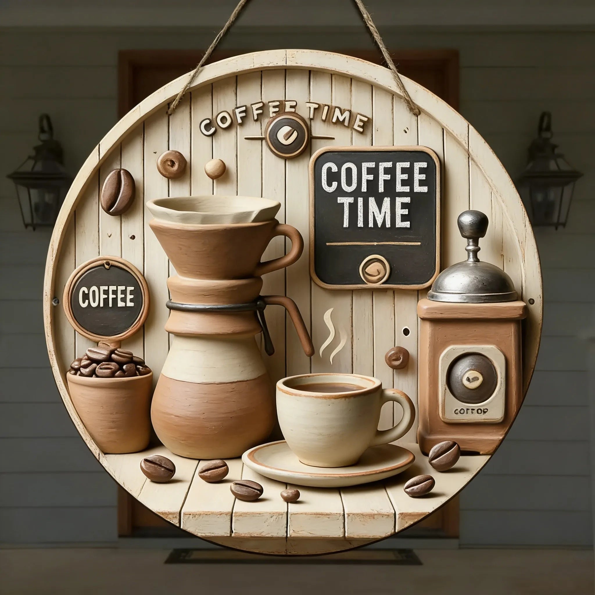 Vintage Coffee Time Round Wooden Hanging Sign, Rustic Coffee Bar