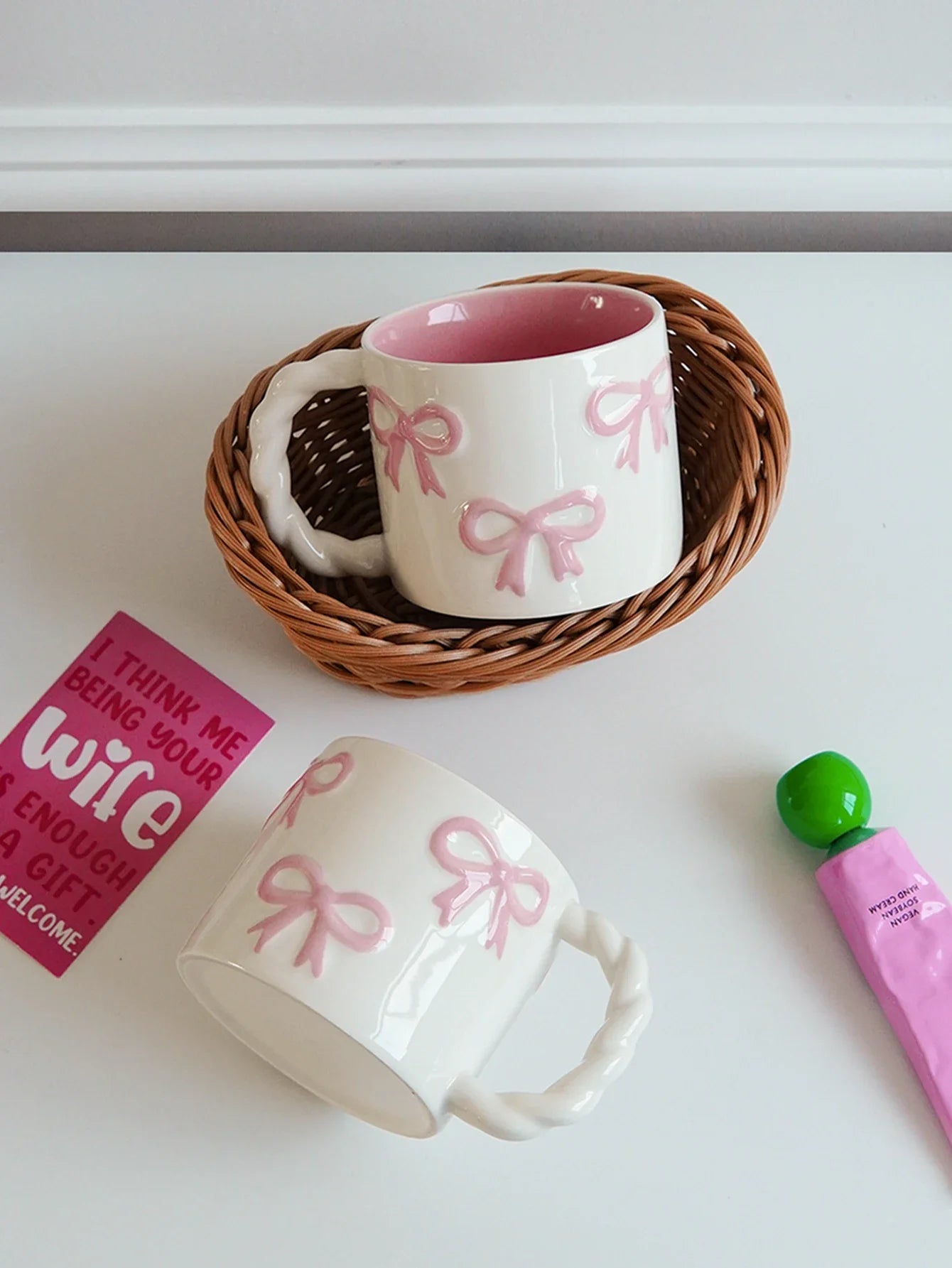 Pink Ceramic Mug with Bowknot, Suitable for Home Decor Drinkware, Drinking Cup