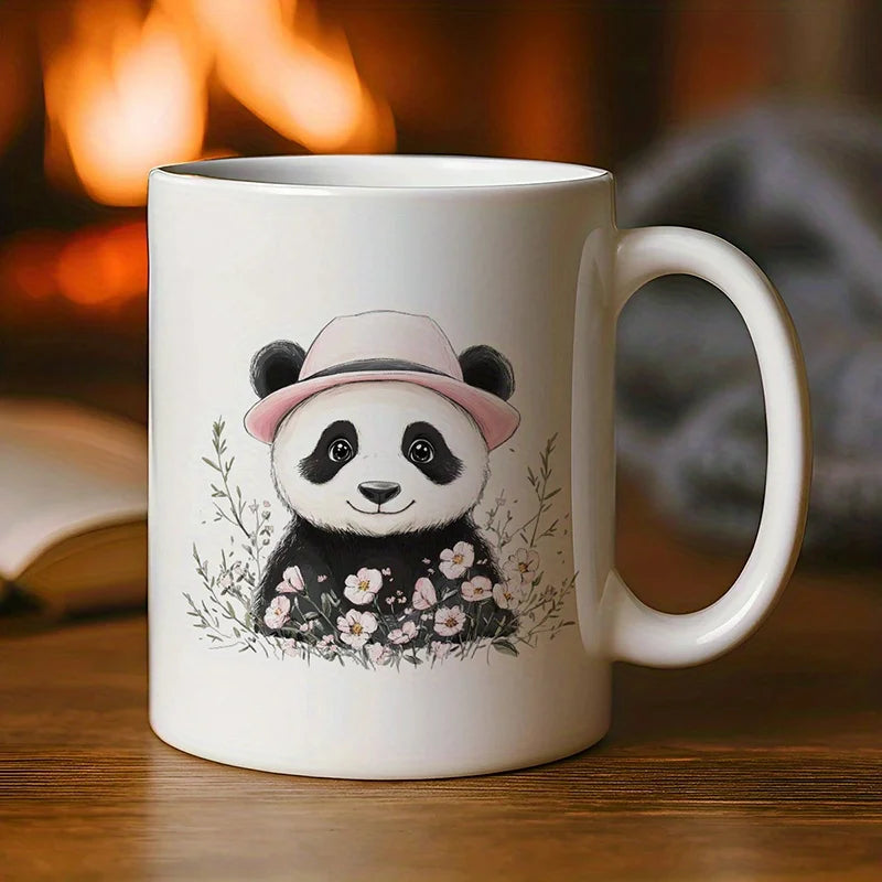 11oz Ceramic Coffee Mug with Cute Panda in Pink Hat & Watercolor Flowers