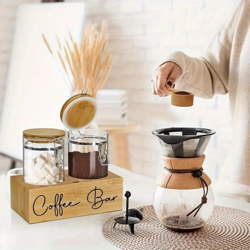 1Set Glass Coffee Canisters with Wood Shelf-Airtight Coffee Bean Storage