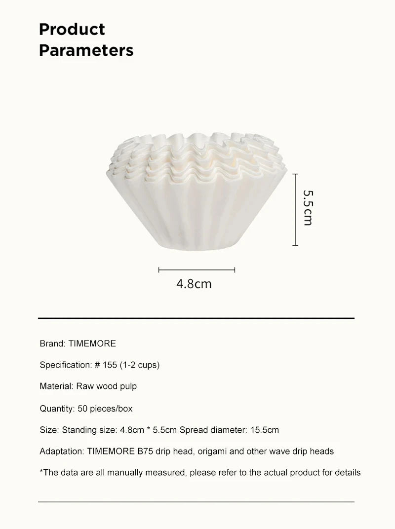 TIMEMORE 1-2Cups Basket Coffee Paper Filter Pour Over Filter Papers 50 Sheets