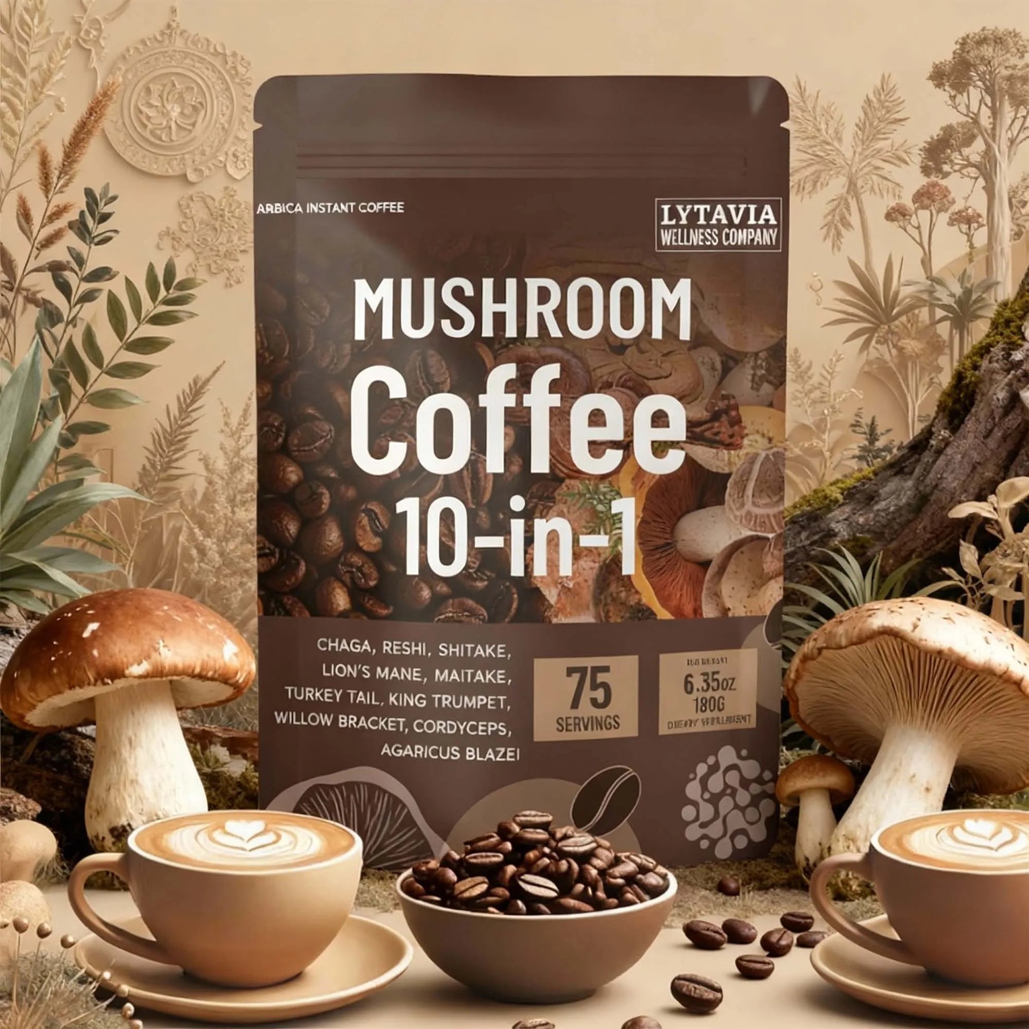 Mushroom Coffee With 10 Adaptogenic Mushrooms And MCT Oil, USA Grown