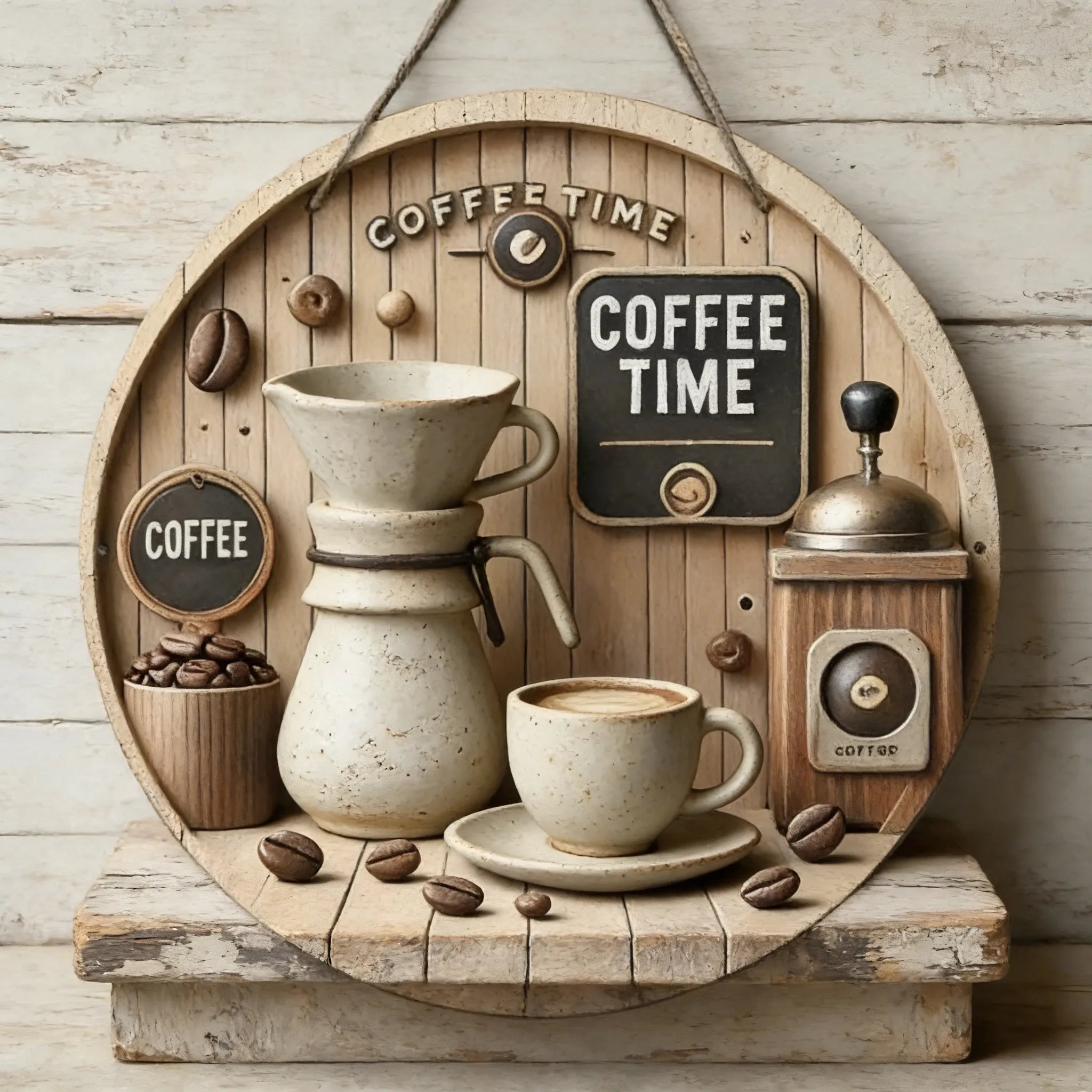 Vintage Coffee Time Round Wooden Hanging Sign, Rustic Coffee Bar