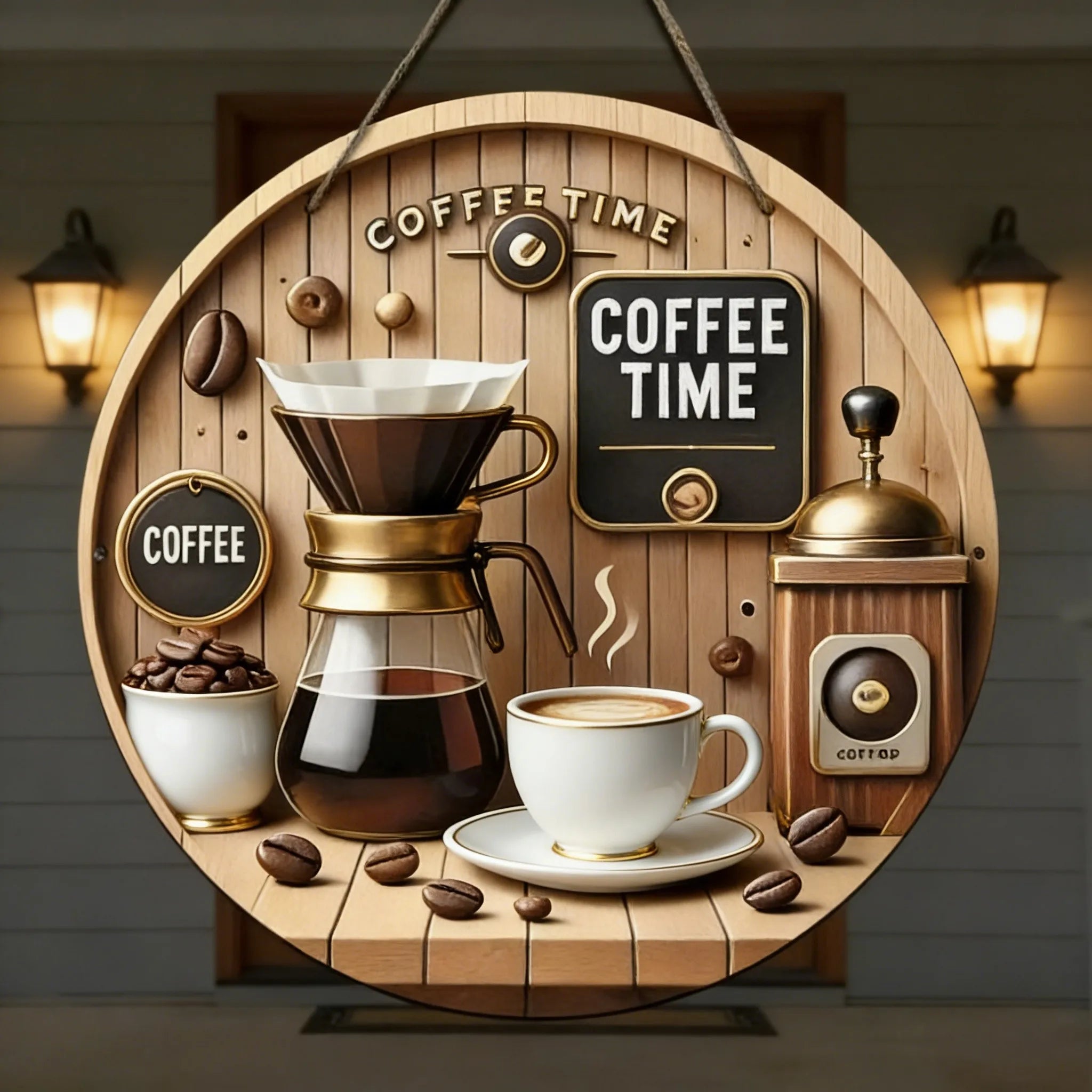 Vintage Coffee Time Round Wooden Hanging Sign, Rustic Coffee Bar