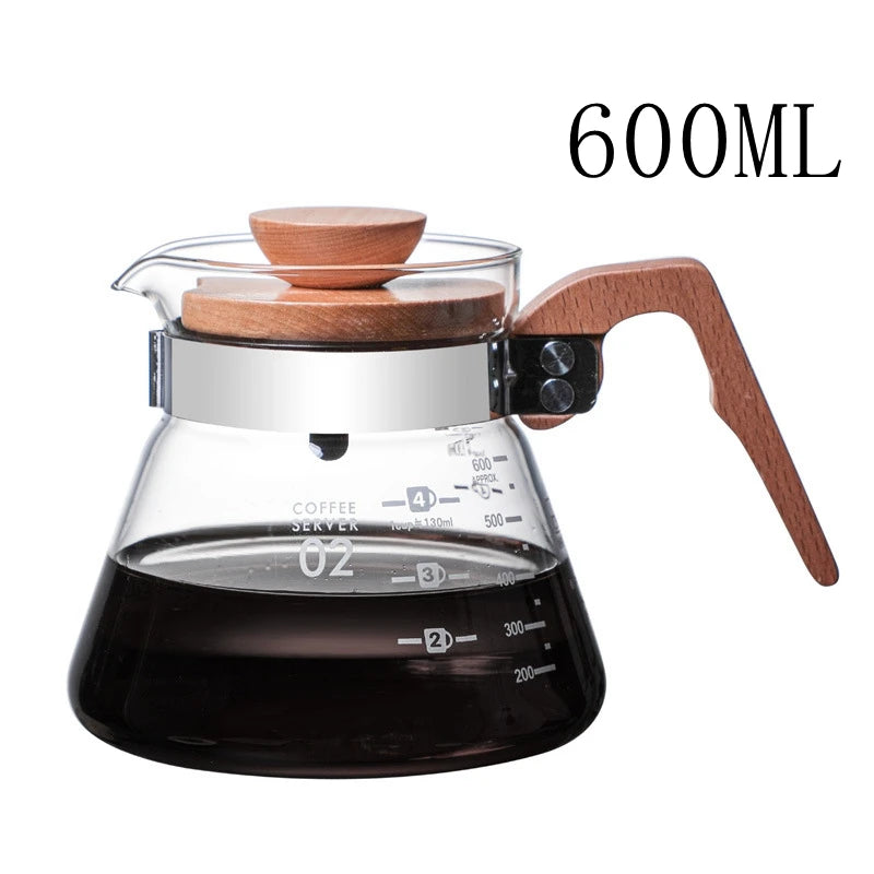 Glass Pouring Cup Coffee Server with Wooden Handle Coffee Sharing Pot